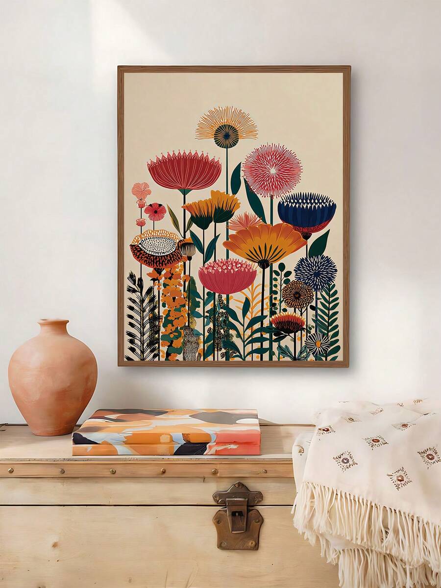 Colorful flower print with stylized botanicals coral orange mustard pink navy and teal