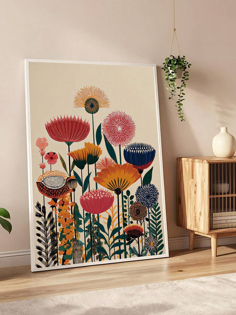 Framed flower poster option with warm coral peach cream and tan wood frame styling