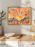 Boho botanical poster with watercolor sunrise mountains wildflowers and cheerful color