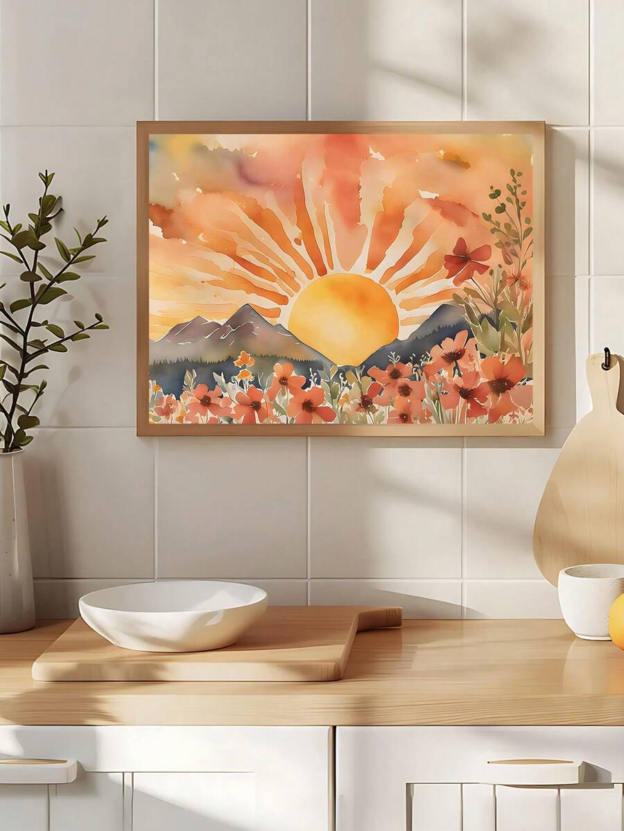 Boho botanical poster with watercolor sunrise mountains wildflowers and cheerful color