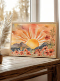 Watercolor sunrise print with wildflower landscape art for bright boho home decor