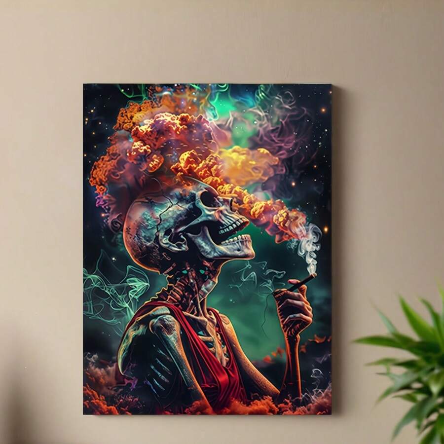 Psychedelic skeleton wall art with orange teal and purple smoke above pink roses