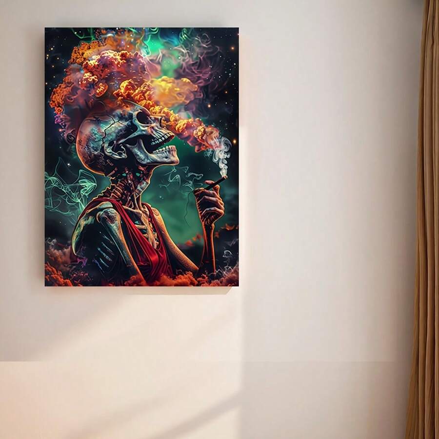 Vertical dark fantasy skeleton artwork with colorful smoke on a minimalist beige wall