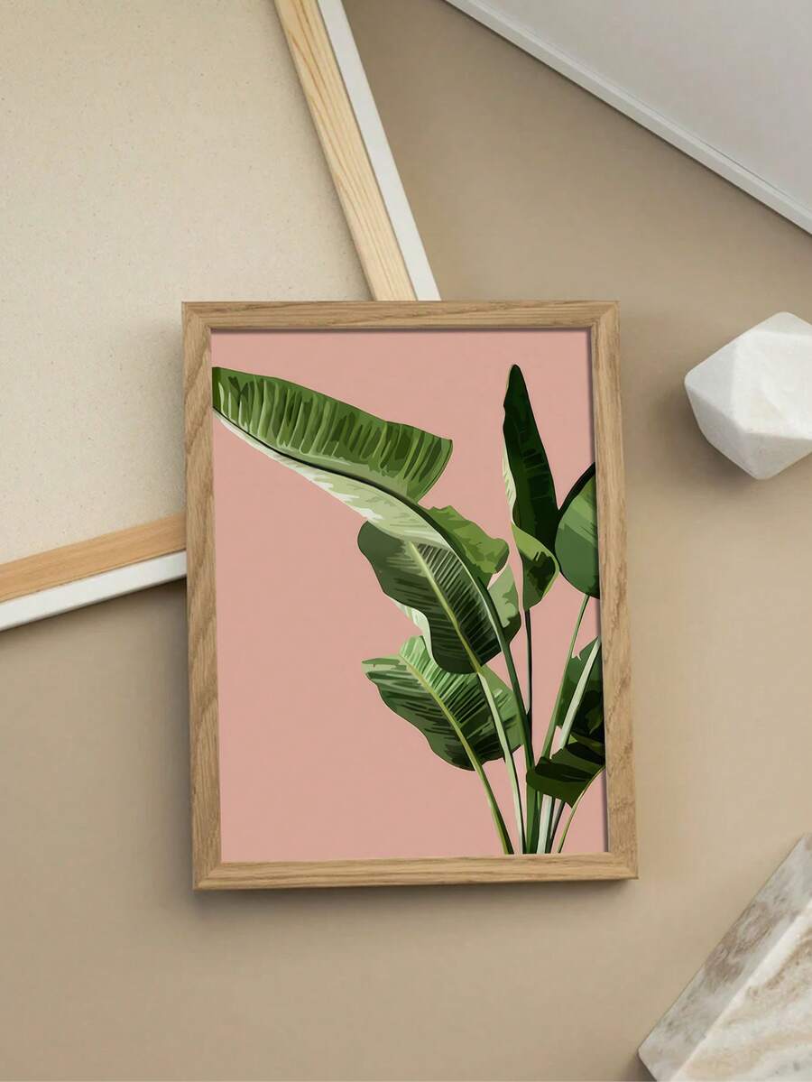 Small framed banana leaf botanical print with pink background