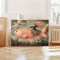 Whimsical Surrealist Girl Riding Huge Pink Fish Canvas Poster