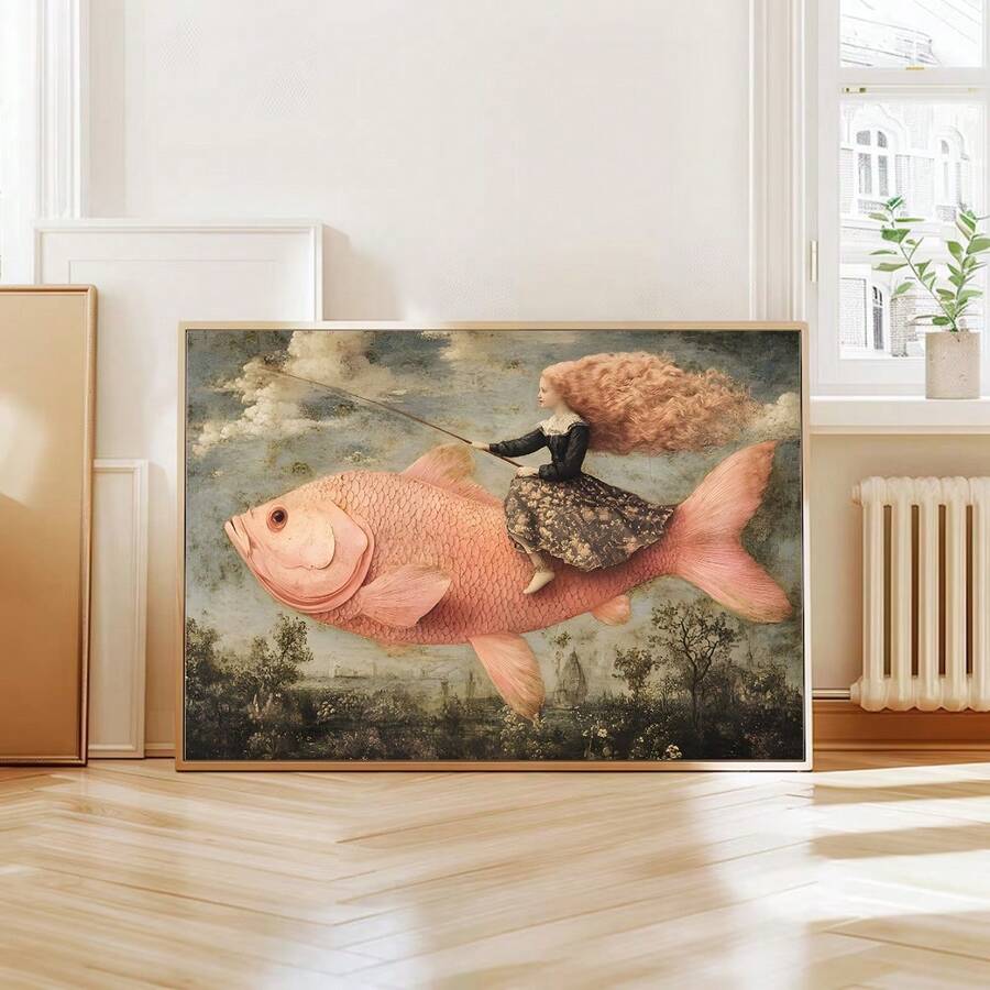 Whimsical Surrealist Girl Riding Huge Pink Fish Canvas Poster