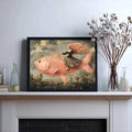 Whimsical Surrealist Girl Riding Huge Pink Fish Canvas Poster