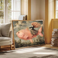 Whimsical Surrealist Girl Riding Huge Pink Fish Canvas Poster