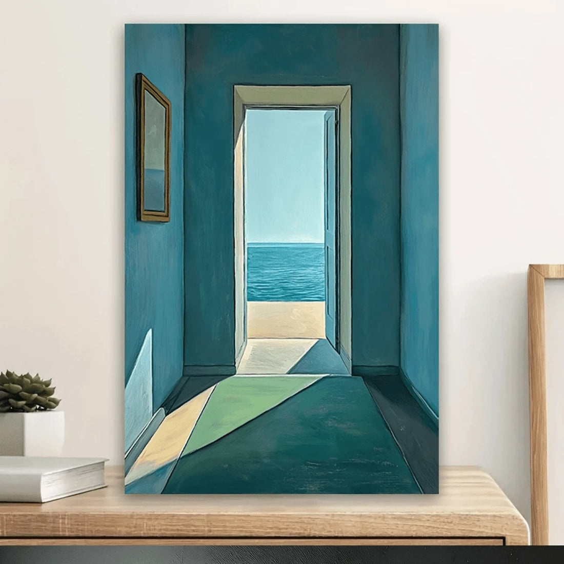 Transform your space with this stunning modern coastal wall art featuring serene blue doors and captivating sea views. Perfect for creating a luxurious, tranquil atmosphere in any room, this graphic piece brings the beauty of seaside living into your home. Available as a framed picture, unframed painting, or hanging canvas on premium canvas material. The waterproof finish ensures durability in moisture-prone areas like bathrooms, while the removable design allows you to refresh your décor whenever inspirati