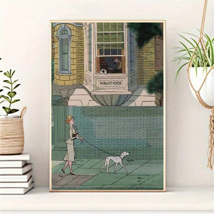 Retro Architecture and Street Stroll Canvas poster featuring charming Dalmatians. Perfect for vintage, European, travel inspired, and cozy home decor.