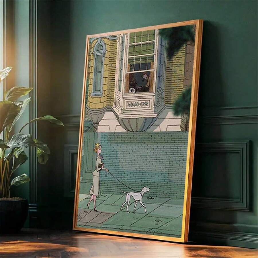 Retro Architecture and Street Stroll Canvas poster featuring charming Dalmatians. Perfect for vintage, European, travel inspired, and cozy home decor.