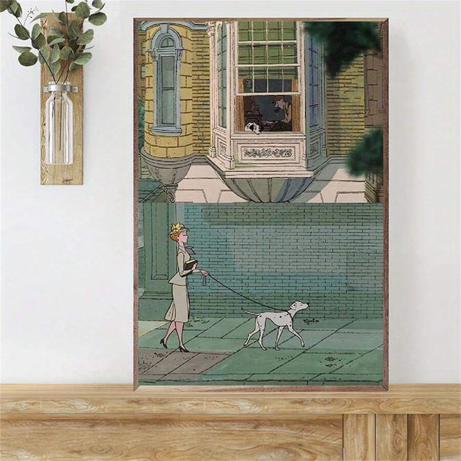 Retro Architecture and Street Stroll Canvas poster featuring charming Dalmatians. Perfect for vintage, European, travel inspired, and cozy home decor.