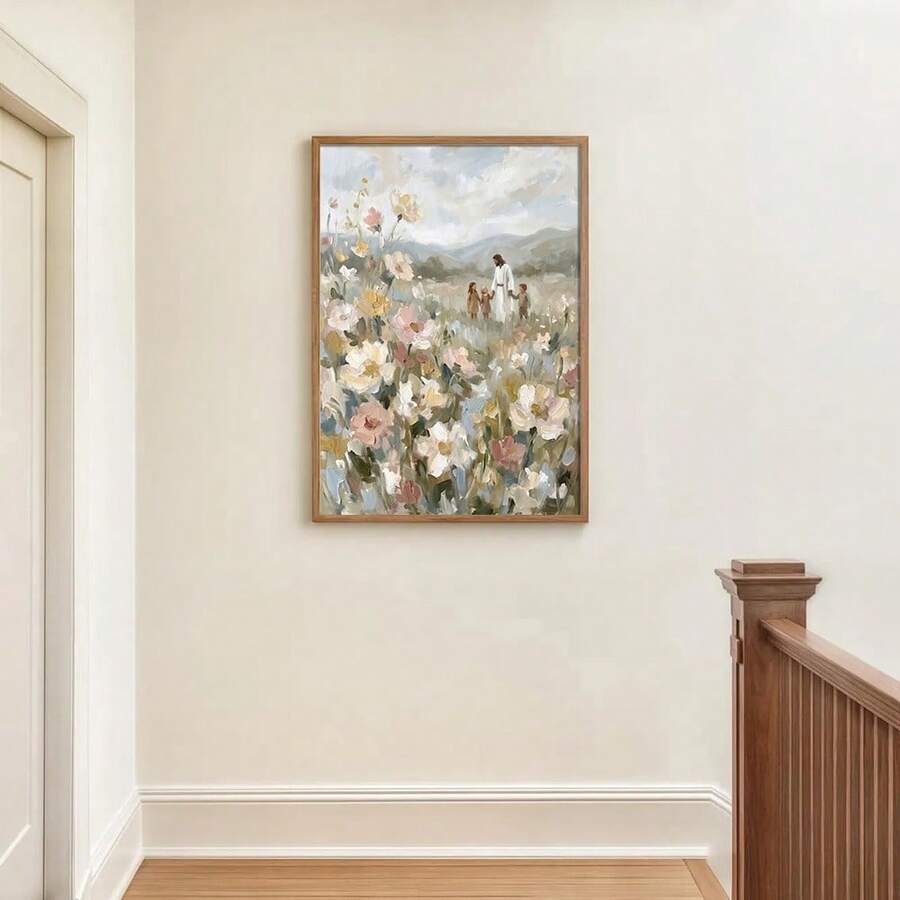 Framed Jesus and children wall art on stair landing wall