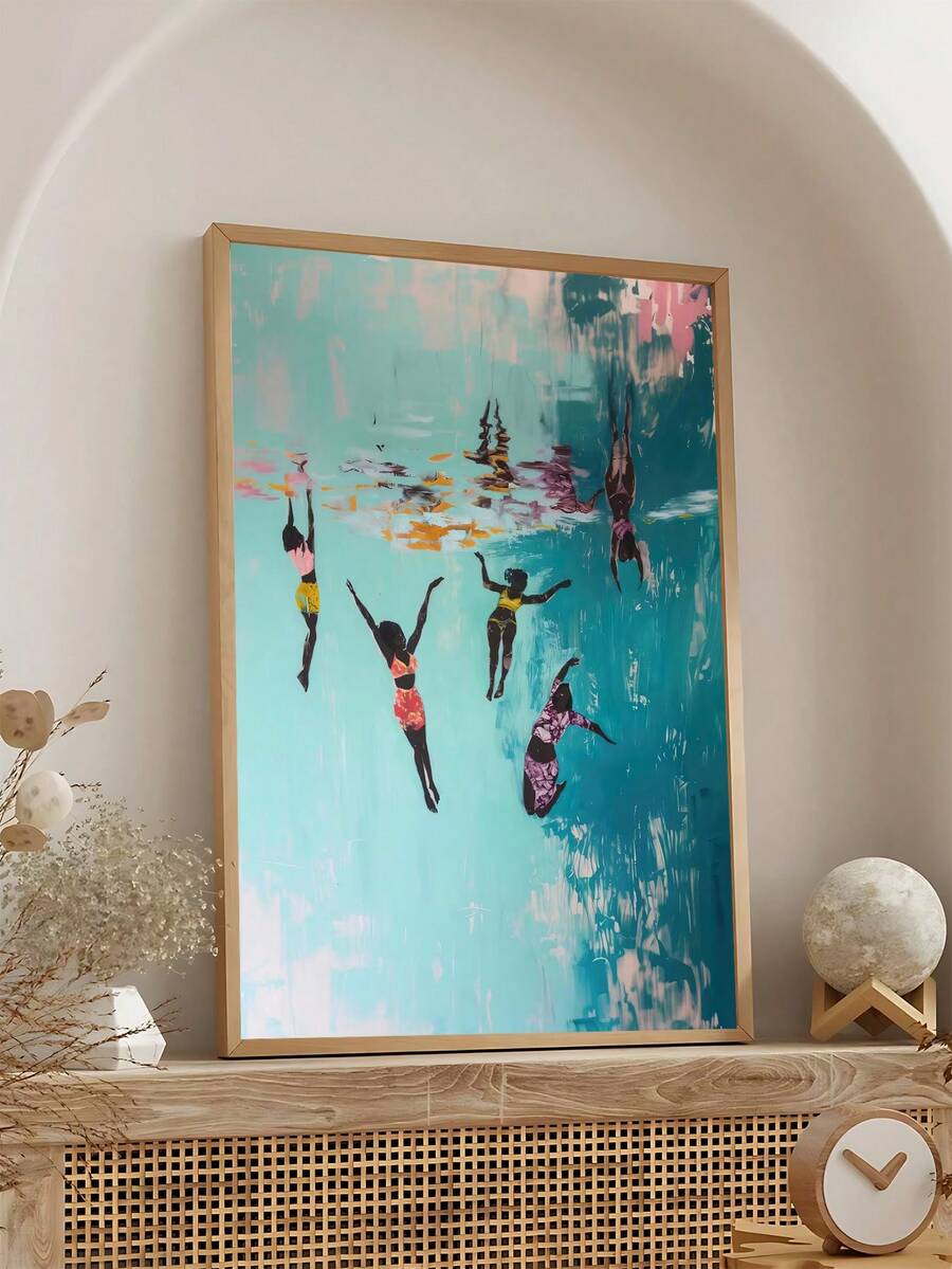 African American swimming canvas wall art with women in turquoise water.
