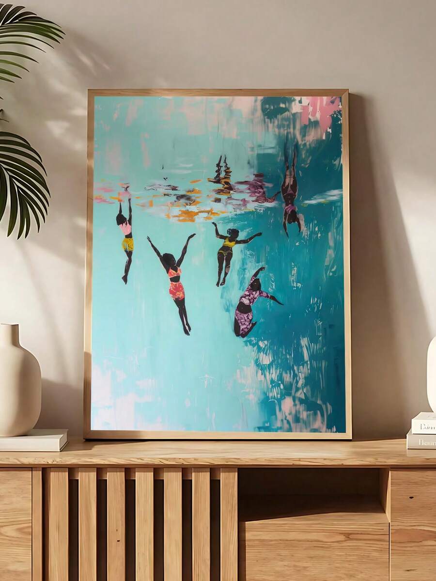 African American swimming canvas wall art with women in turquoise water.