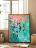 Modern framed pool swimming canvas print in neutral bedroom setting.