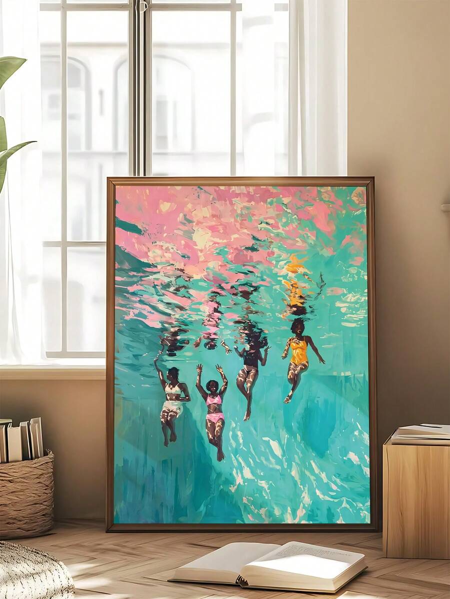 Modern framed pool swimming canvas print in neutral bedroom setting.