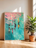 Vertical framed figurative swimming wall art with teal and coral colors.