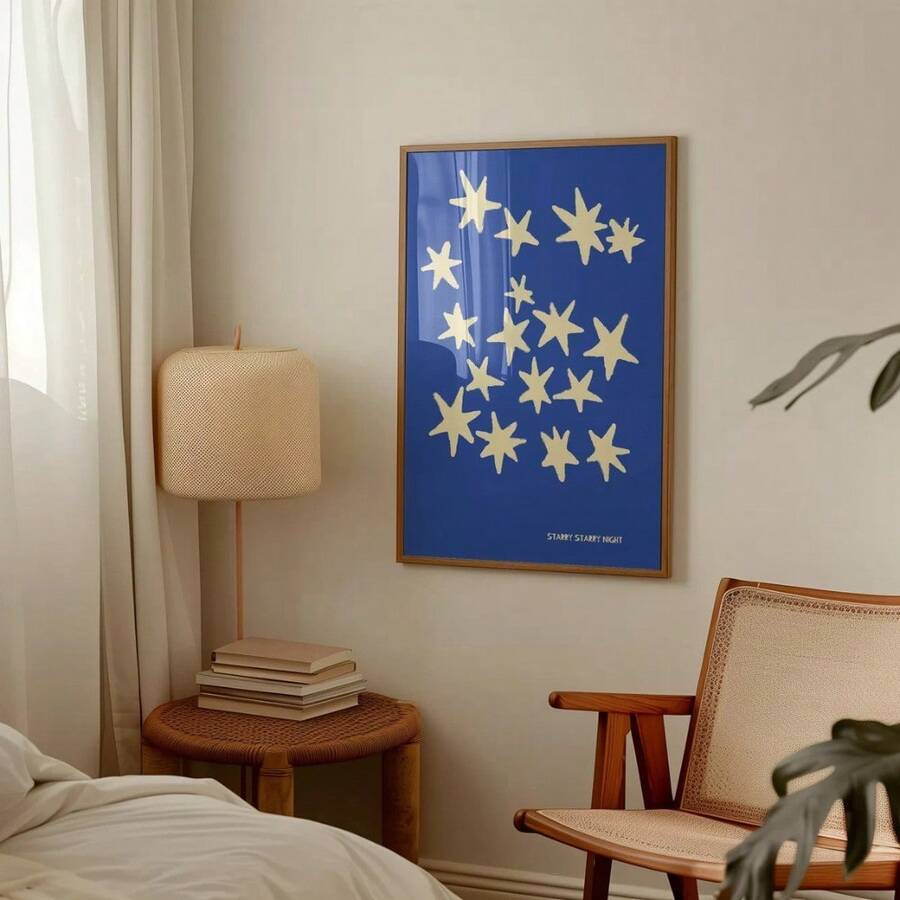 Deep blue and yellow frameless wall painting with simple contemporary narrow format