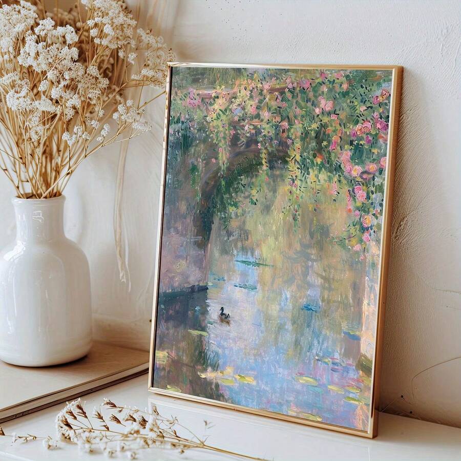 Vintage impressionist water lily pond wall art with flowers and duck