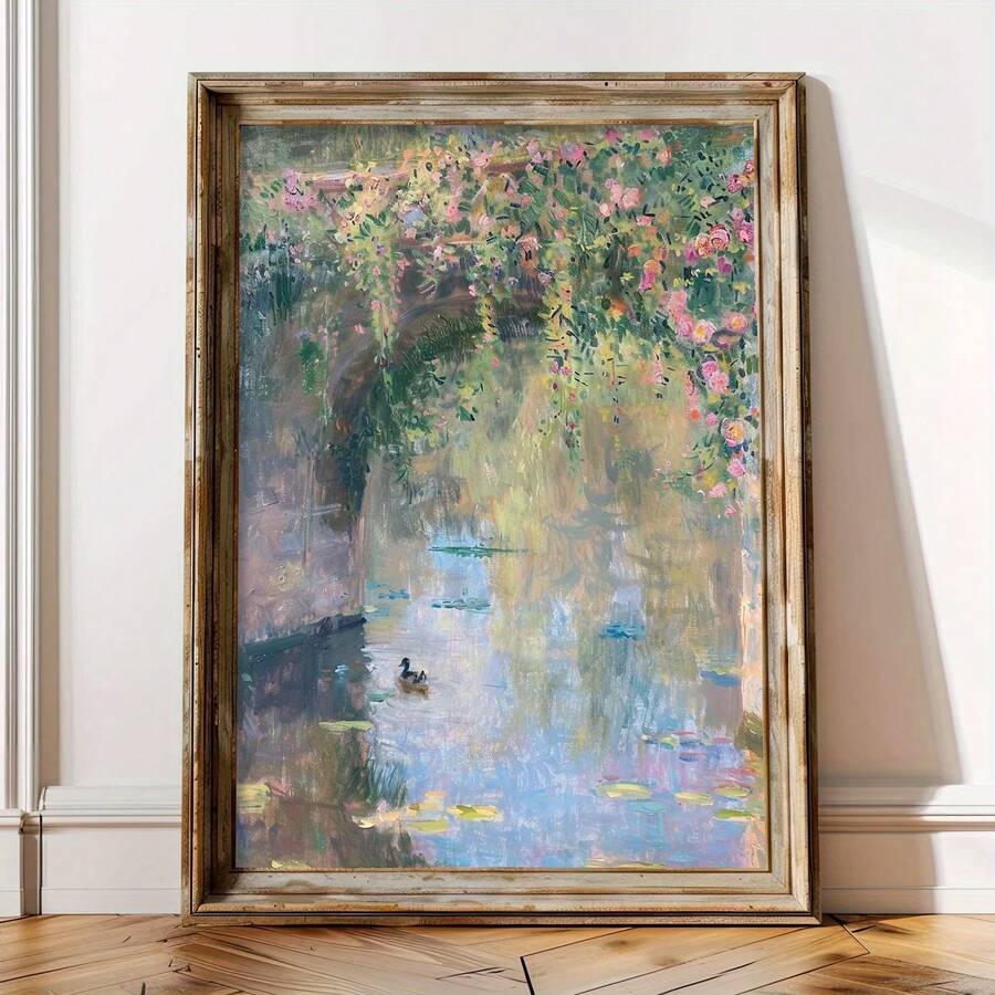 Vintage impressionist water lily pond wall art with flowers and duck