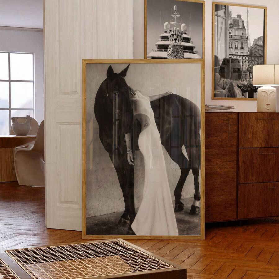 Elevate your space with this striking minimalist canvas art featuring a girl and horse in bold black and white. The clean, modern aesthetic brings contemporary sophistication to any room—living room, bedroom, or dorm. Crafted on durable canvas with waterproof properties, this unframed piece is ready to hang and complements both minimalist and eclectic interiors. A timeless statement piece that transforms walls into galleries.