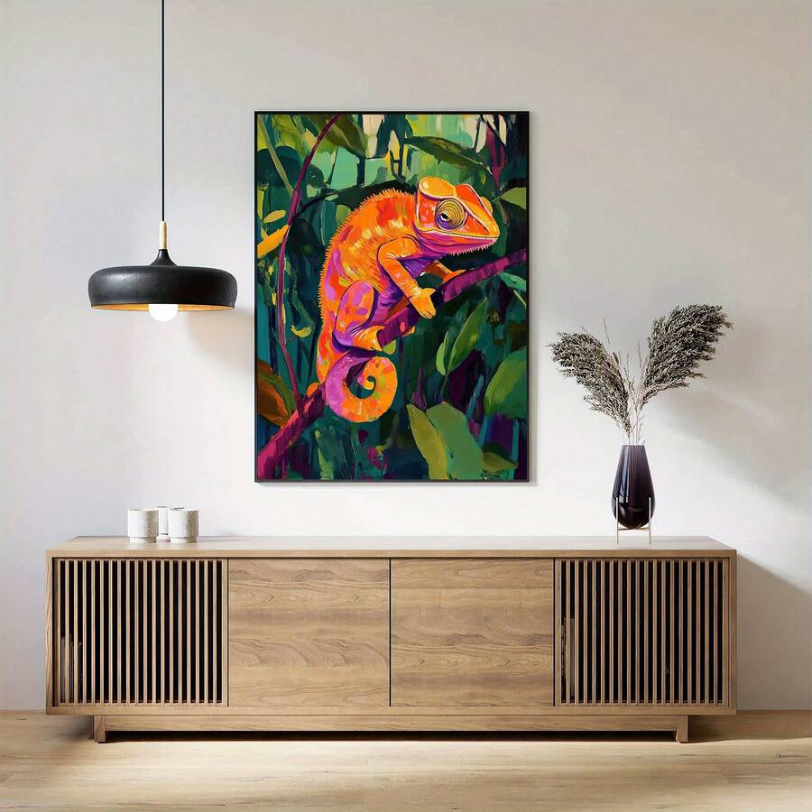 Bring nature's elegance into your space with this stunning minimalist canvas art featuring a chameleon perched gracefully on a tree branch. Perfect for modern homes and offices, this piece combines clean lines with organic beauty. Available as both framed and unframed options to suit your décor style.