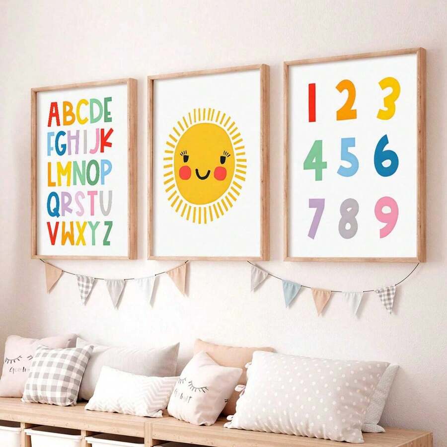 Bring learning to life with this vibrant ABC &amp; 123 Canvas Wall Art Set. Featuring cheerful designs with a playful happy sun motif, this colorful educational decor transforms any room into an inspiring space for children. The modern, simple aesthetic complements contemporary home styling while teaching letters and numbers in an engaging way. Made from durable canvas, this set is waterproof and removable, making it perfect for nurseries, playrooms, or dining areas. Whether you choose the framed or unframe