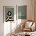 Emerald green wall art set with woman holding pink flower and abstract print