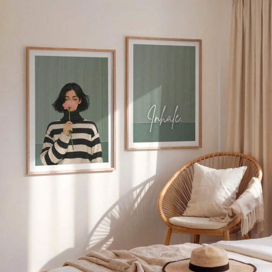 Emerald green wall art set with woman holding pink flower and abstract print