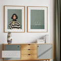 Scandinavian bedroom prints mockup with emerald green cream pink and wood tones