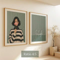 Minimalist portrait poster shown in light wood frame with sage green palette