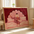 Pink Woman Reading In Bed Vintage Striped Canvas Poster 