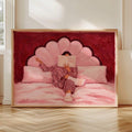 Pink Woman Reading In Bed Vintage Striped Canvas Poster 