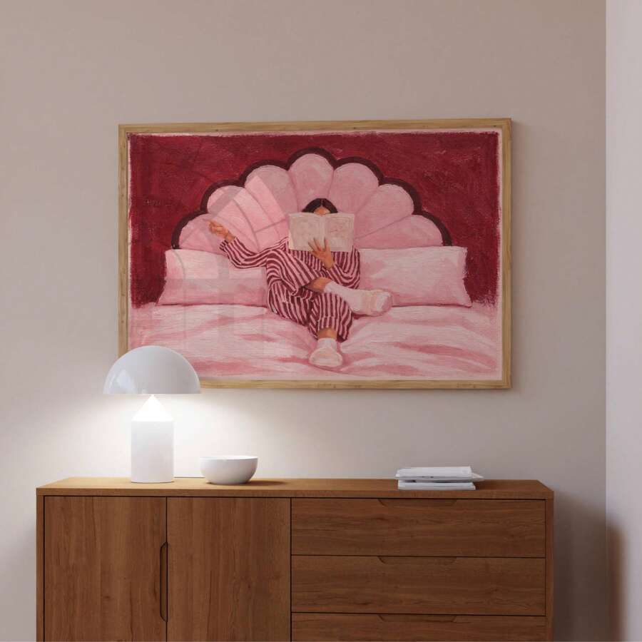 Pink Woman Reading In Bed Vintage Striped Canvas Poster 