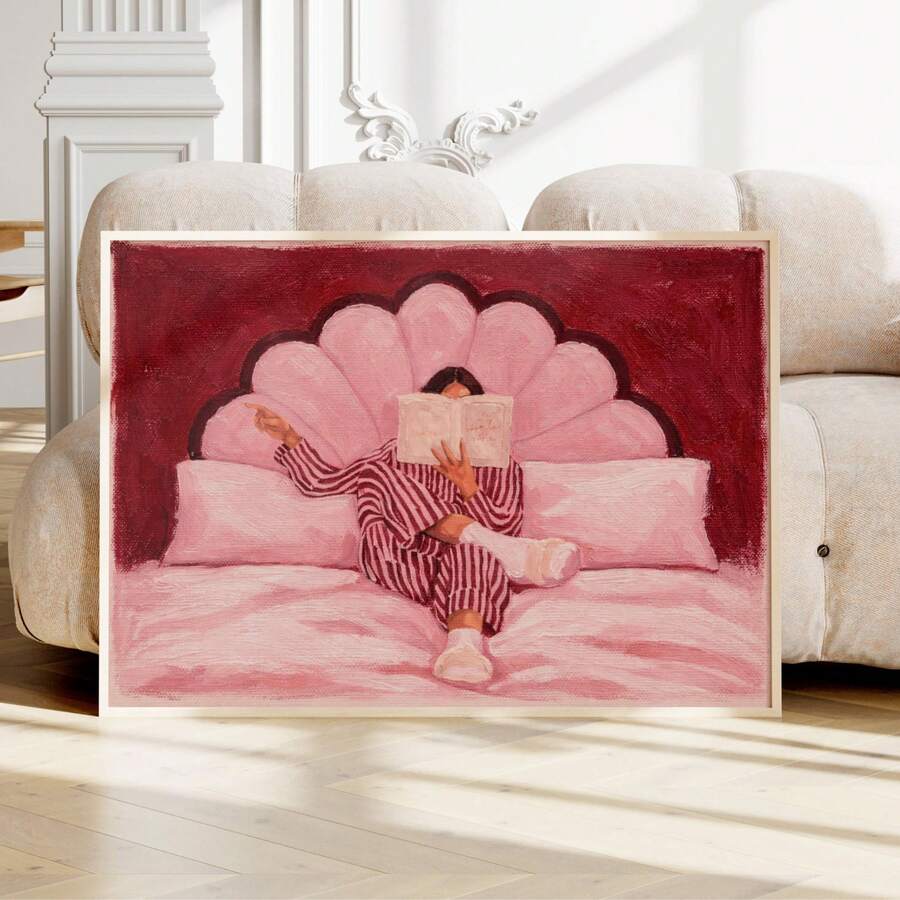 Pink Woman Reading In Bed Vintage Striped Canvas Poster 