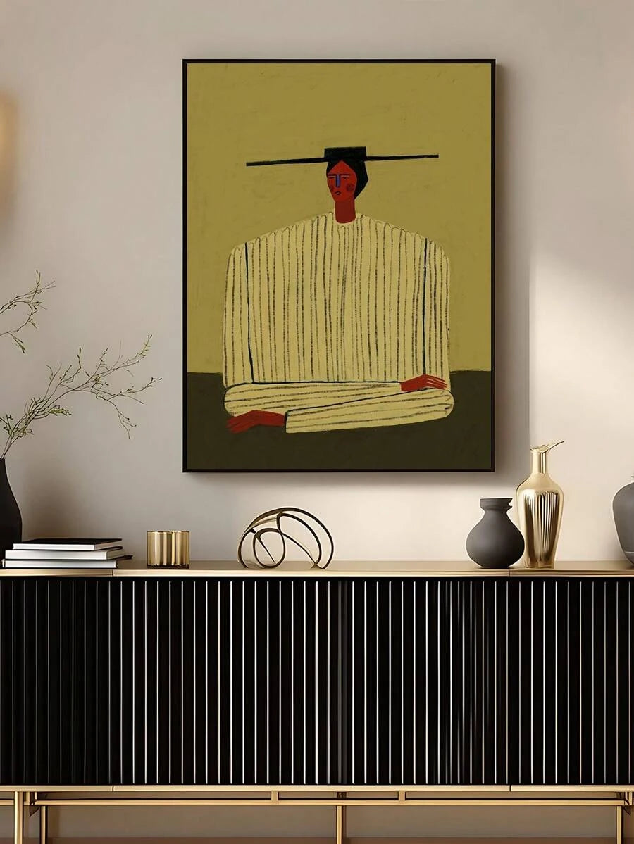 Boho canvas option with wide hat figure neutral wall decor and slim frame styling