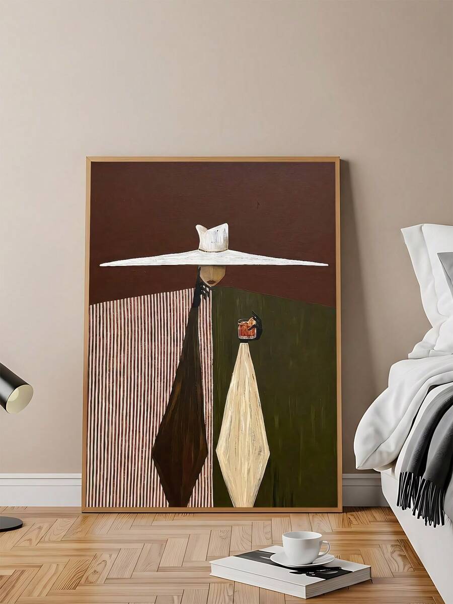 Abstract woman wall art with folk figure wide hat striped robe and olive green tones