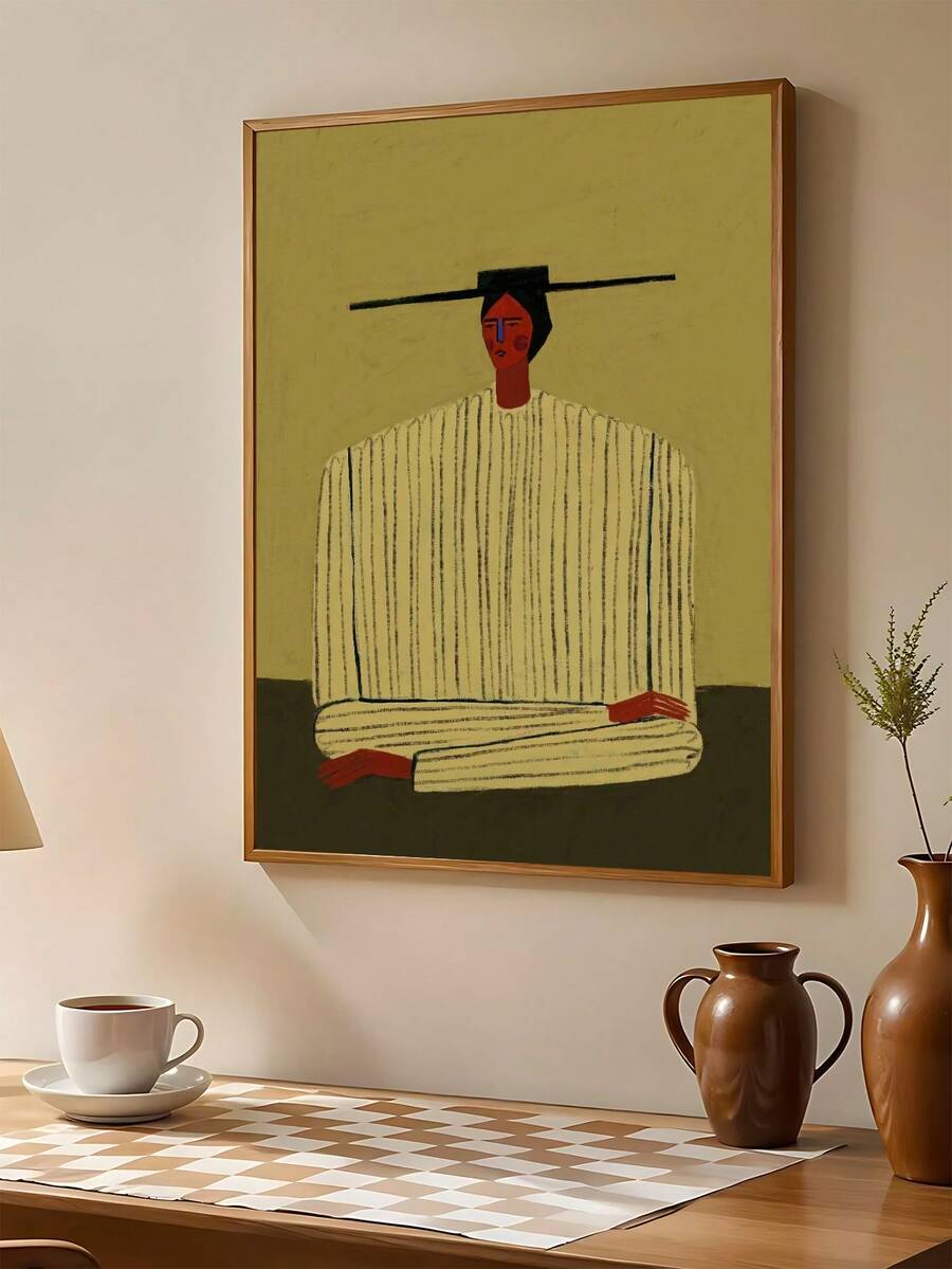 Abstract portrait framed print with geometric body rust brown cream and black details