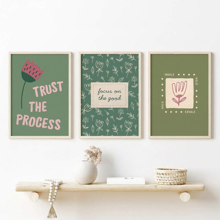 Front view of sage green boho floral wall art with inspirational quote styling