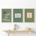 Front view of sage green boho floral wall art with inspirational quote styling