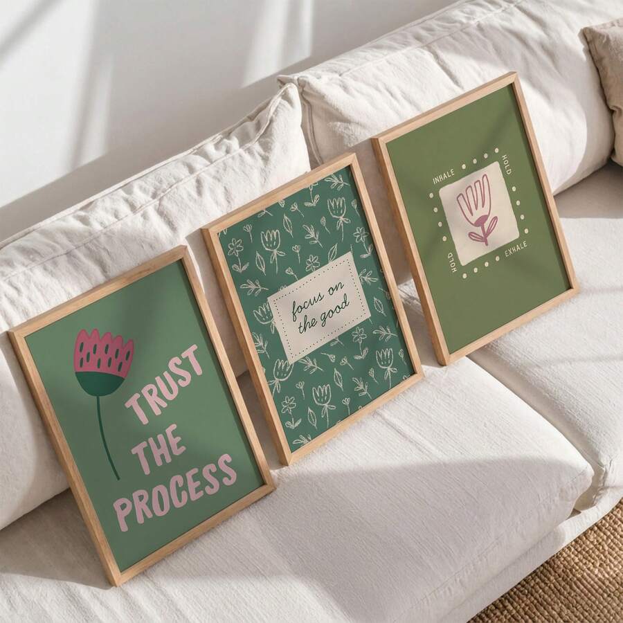 Front view of sage green boho floral wall art with inspirational quote styling