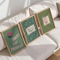 Close-up view of botanical canvas print with soft sage green tones