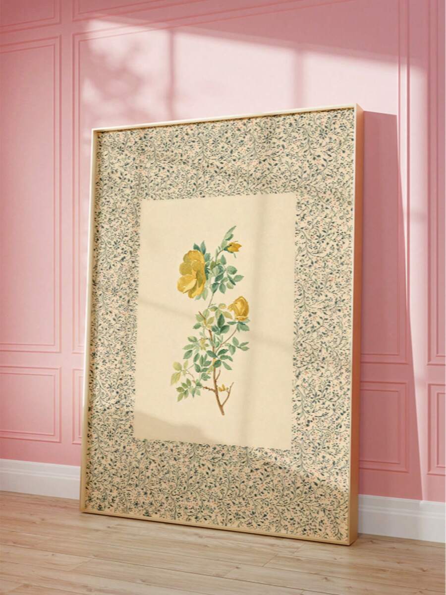 Framed vintage yellow rose botanical print with cream floral border on wall
