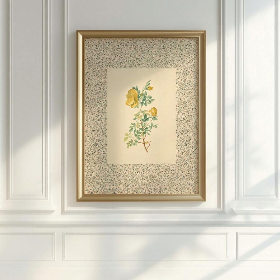 Framed vintage yellow rose botanical print with cream floral border on wall
