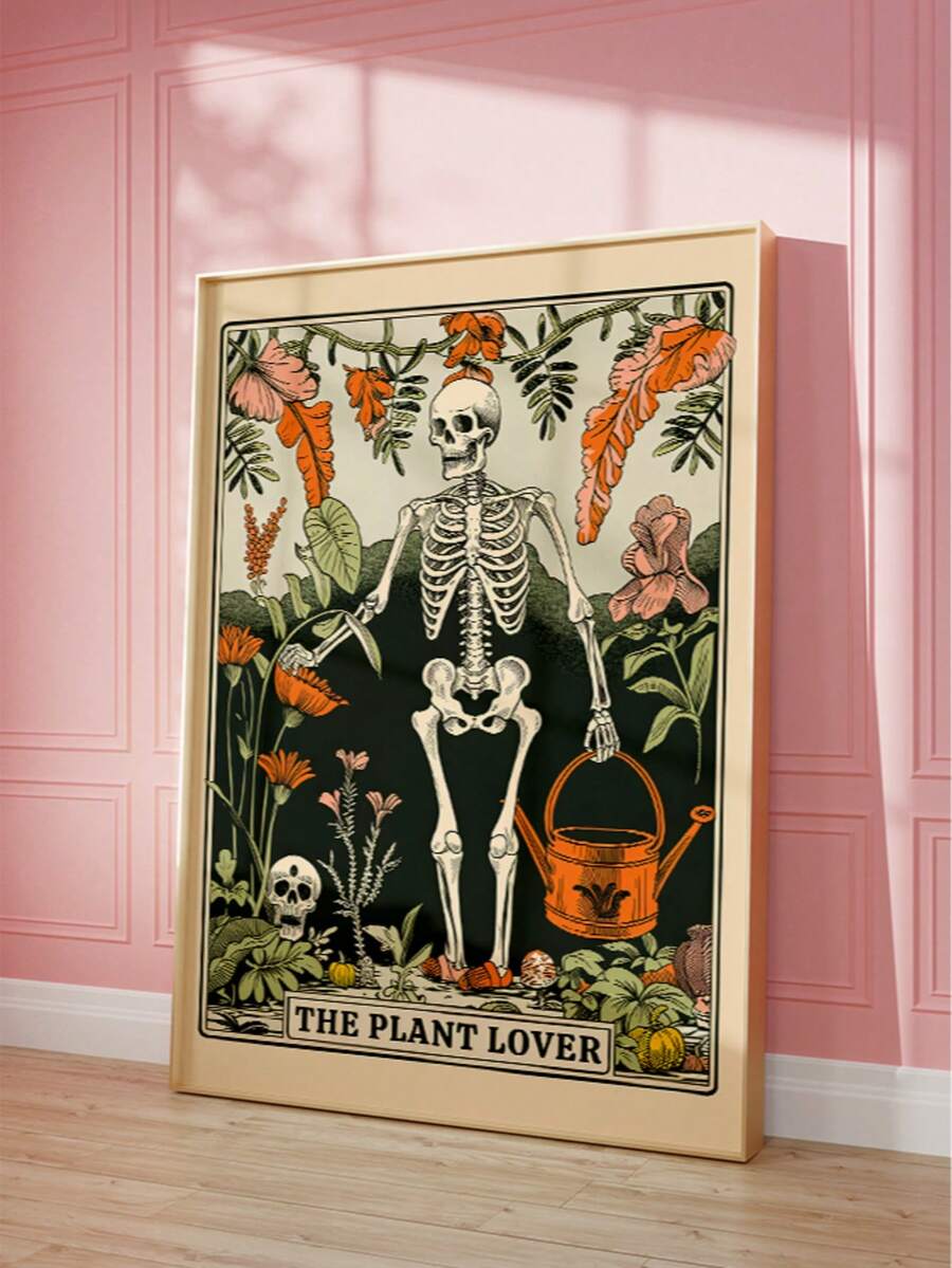 Skeleton plant lover tarot wall art with watering can and flowers
