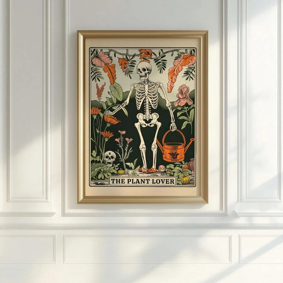 Skeleton plant lover tarot wall art with watering can and flowers