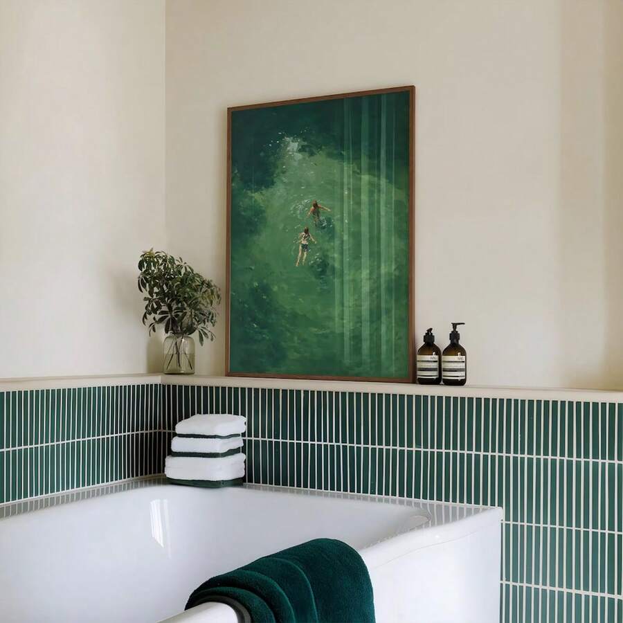 Bring coastal charm into your space with this vintage-inspired green abstract swimming poster. Perfect for summer aesthetics, this minimalist wall art captures the essence of relaxation and natural beauty. Printed on high-quality canvas, it's waterproof and ready to enhance your home office, bedroom, or living area. The modern graphic design blends figure and botanical elements for a sophisticated, contemporary look that complements any décor style.
