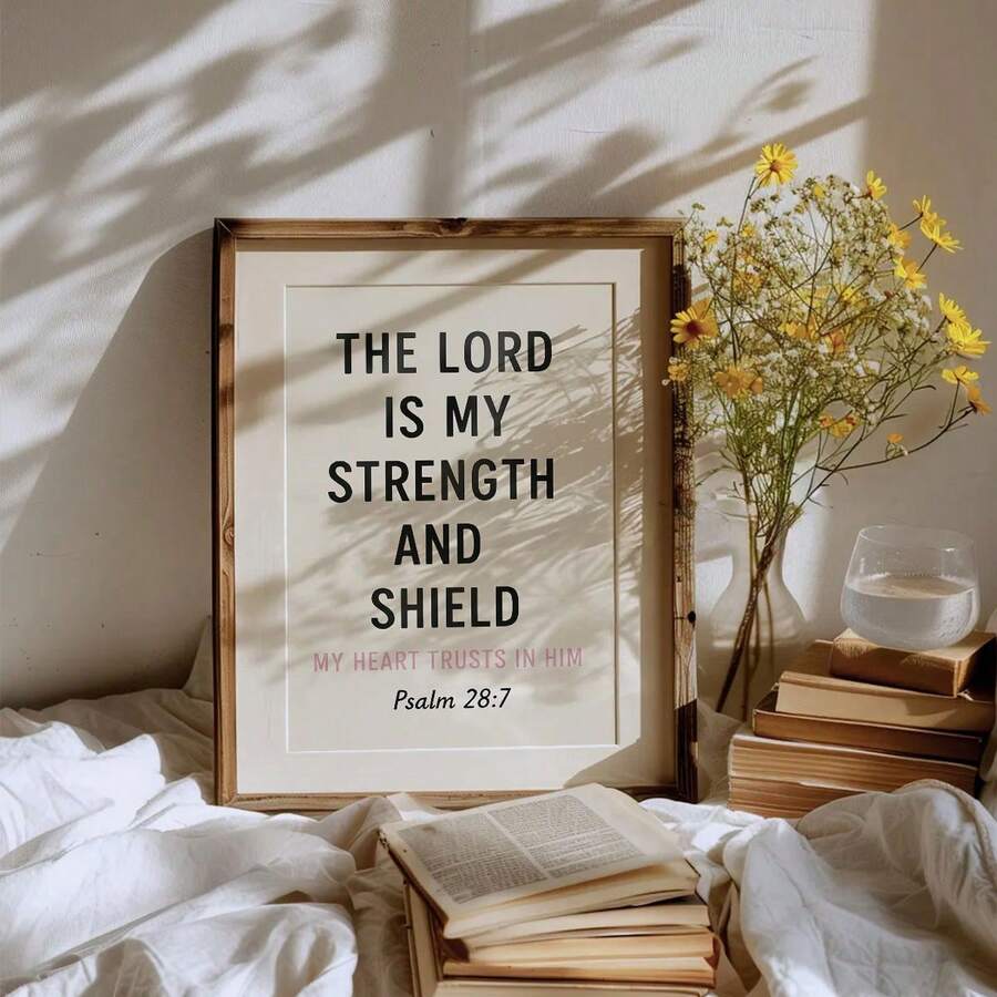 Front view of inspirational Psalm 28:7 canvas wall art for faith-inspired home decor