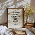 Front view of inspirational Psalm 28:7 canvas wall art for faith-inspired home decor